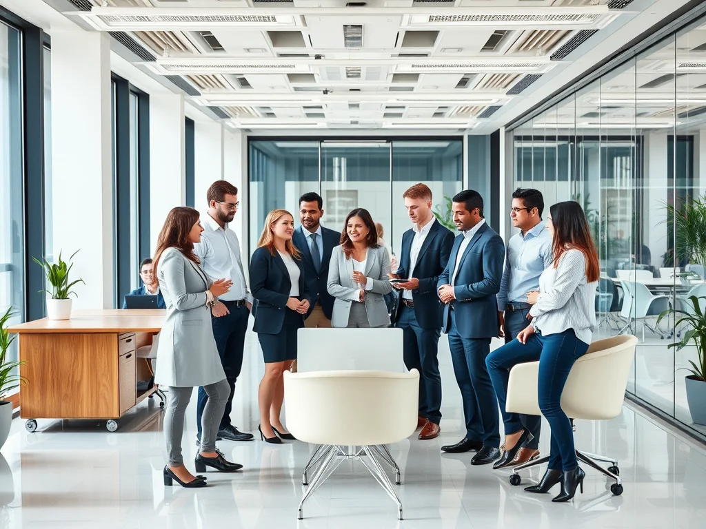 Professional office environment with diverse business people collaborating