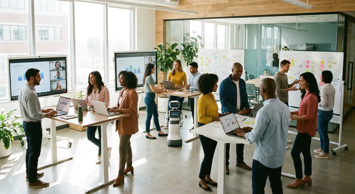 A diverse team of professionals collaborating in a modern, sunlit office environment. Style is professional and dynamic, focusing on teamwork and technology. Mood is innovative and productive.
