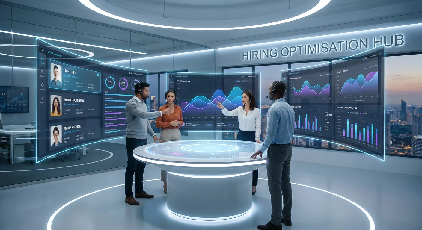 A modern, high-tech recruitment command centre with illuminated holographic screens displaying candidate profiles, skill graphs and real-time analytics; a diverse team of HR professionals collaborating around a glowing table; bright, crisp, futuristic corporate mood – ideal for a hero image on hiring optimisation.