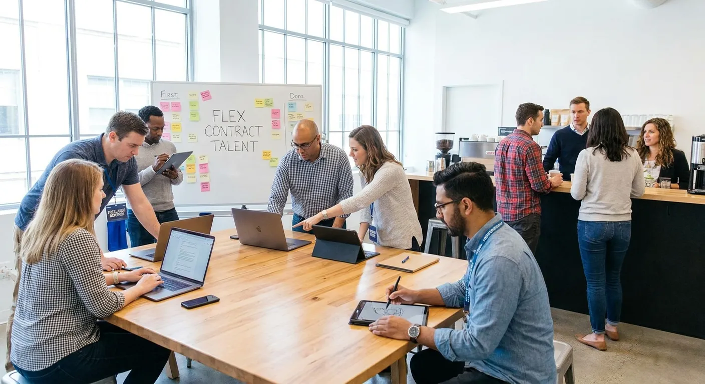 A diverse group of modern professionals collaborating in a bright, contemporary office, symbolising... A diverse group of modern professionals collaborating in a bright, contemporary office, symbolising flexible contract talent. Professional, bright, and dynamic mood.
