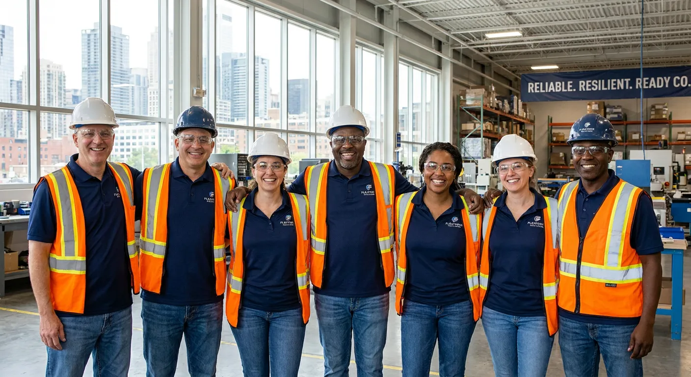 A diverse team of confident, temporary workers wearing casual uniforms and safety gear, standing together in a bright industrial workspace in city; the mood is positive and professional, highlighting the reliability and flexibility of a contract work agency.