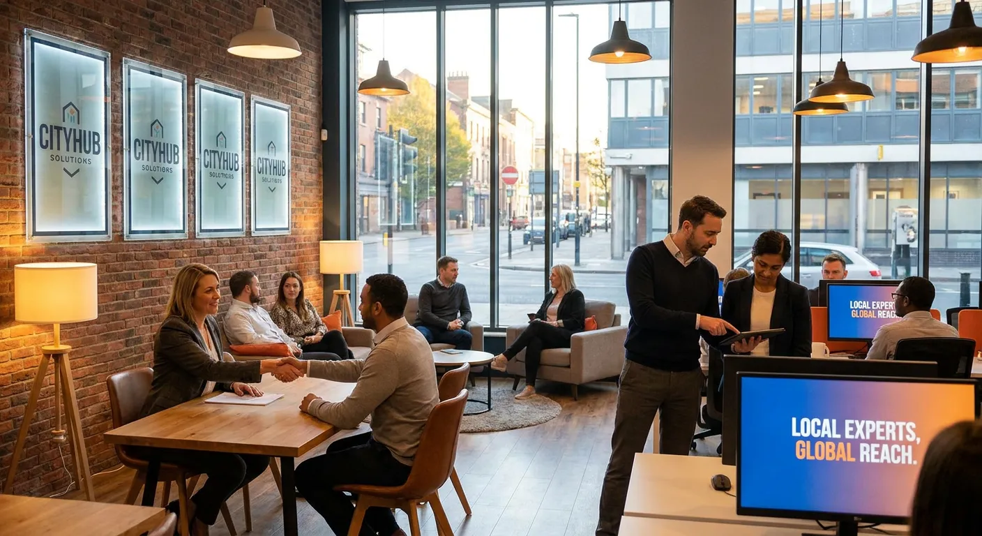 A professional, modern recruitment office scene showing a diverse team of consultants engaged with candidates and clients. Warm, approachable lighting with the brand identity visible on screens and walls. The mood conveys trust, efficiency, and local expertise in city.