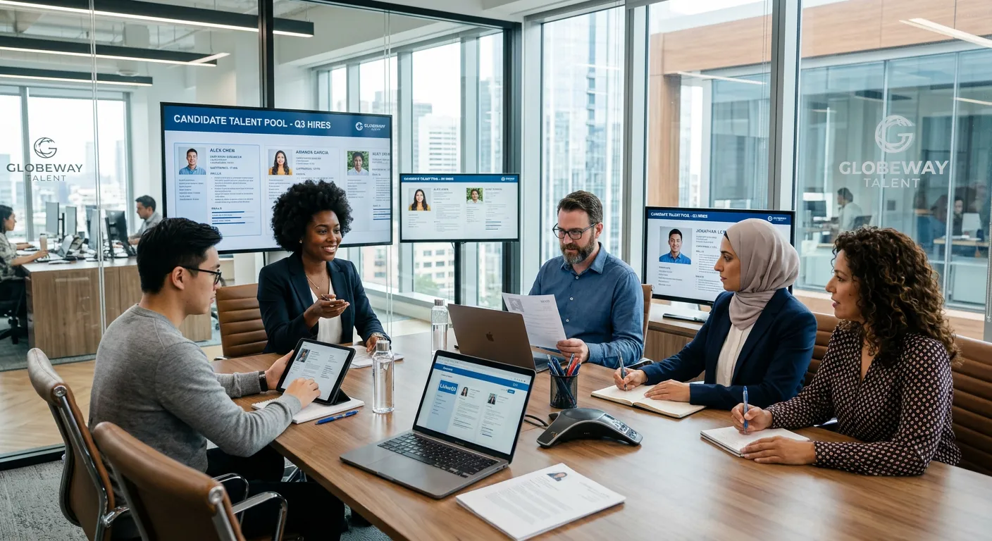 A diverse group of professional recruiters and HR managers collaborating in a modern, glass-walled o... A diverse group of professional recruiters and HR managers collaborating in a modern, glass-walled office, reviewing candidate profiles on multiple screens. Style: professional, bright, dynamic. Mood: collaborative, strategic, and efficient.