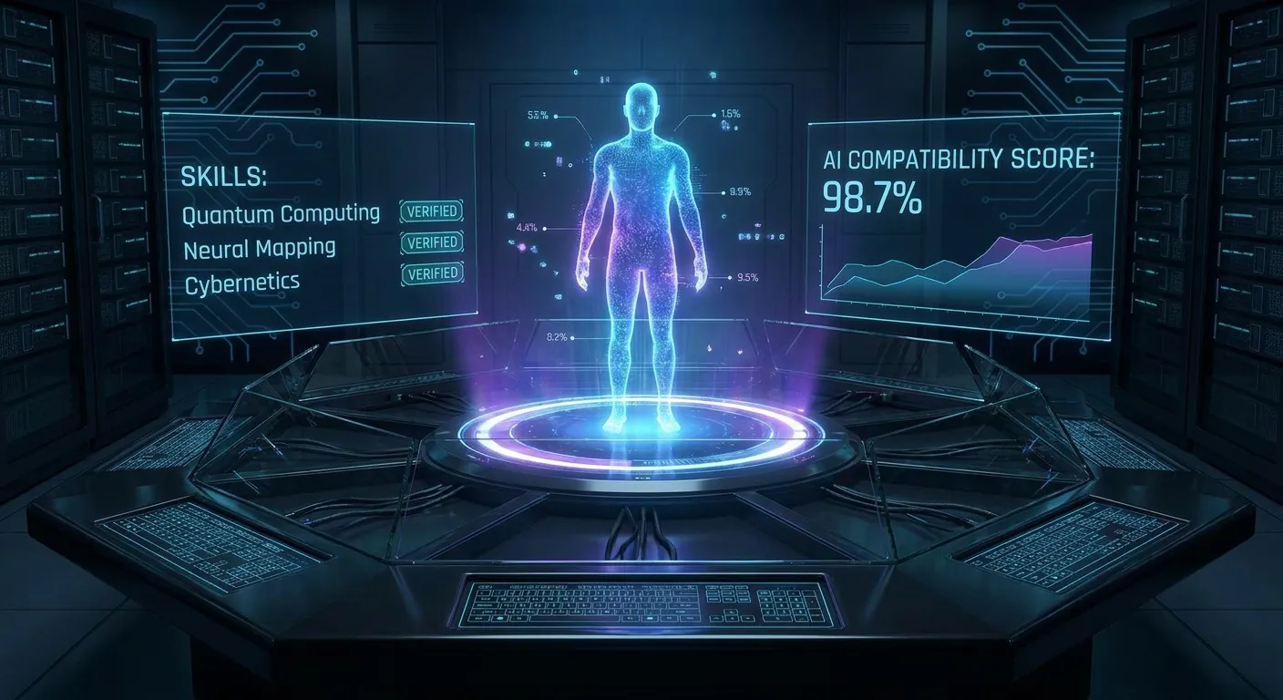 A futuristic, sleek digital interface displaying a glowing holographic candidate profile with data p... A futuristic, sleek digital interface displaying a glowing holographic candidate profile with data points like skills, verification badges, and AI compatibility scores floating around a central silhouette, set against a dark, high-tech backdrop.