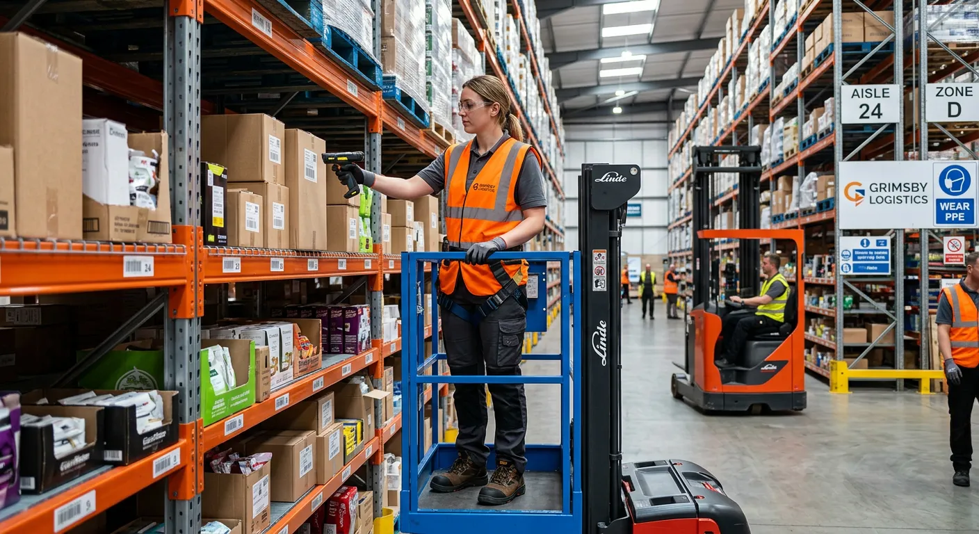 A professional, well-lit photo of a focused warehouse picker in a modern Grimsby warehouse, using a handheld scanner to pick items from a high bay racking system. They are wearing a high-vis vest and safety shoes, conveying efficiency and a busy, professional environment.