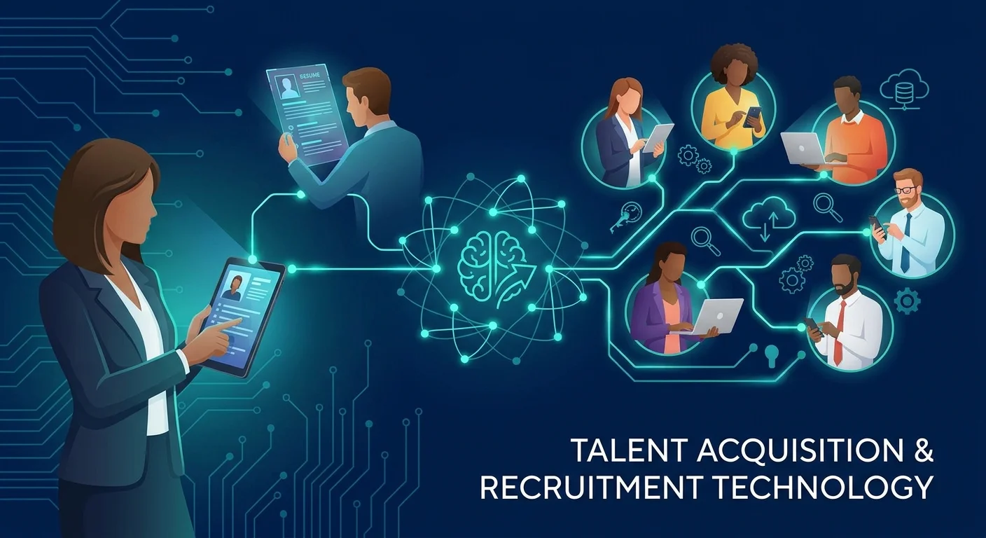 A modern, professional illustration of a diverse team of HR professionals and candidates connected b... A modern, professional illustration of a diverse team of HR professionals and candidates connected by digital network nodes, symbolising talent acquisition and recruitment technology. The background is a deep navy blue with glowing teal accents, conveying innovation and trust.