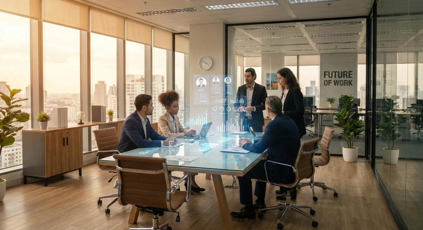 A modern, professional office environment with diverse professionals collaborating around a digital... A modern, professional office environment with diverse professionals collaborating around a digital table displaying holographic talent analytics. Warm lighting, clean aesthetic, and a sense of innovation. The mood is forward-thinking and dynamic, representing the future of recruitment and talent acquisition.