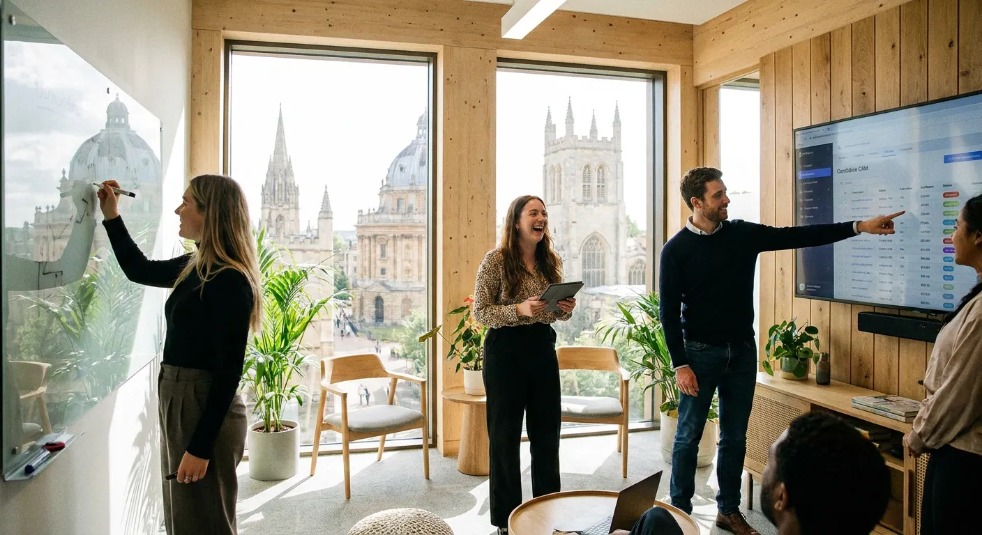A professional, vibrant hero image showing diverse recruitment professionals collaborating in a modern Oxford office setting, with the Oxford skyline visible through windows. Style: authentic, professional, inclusive.
