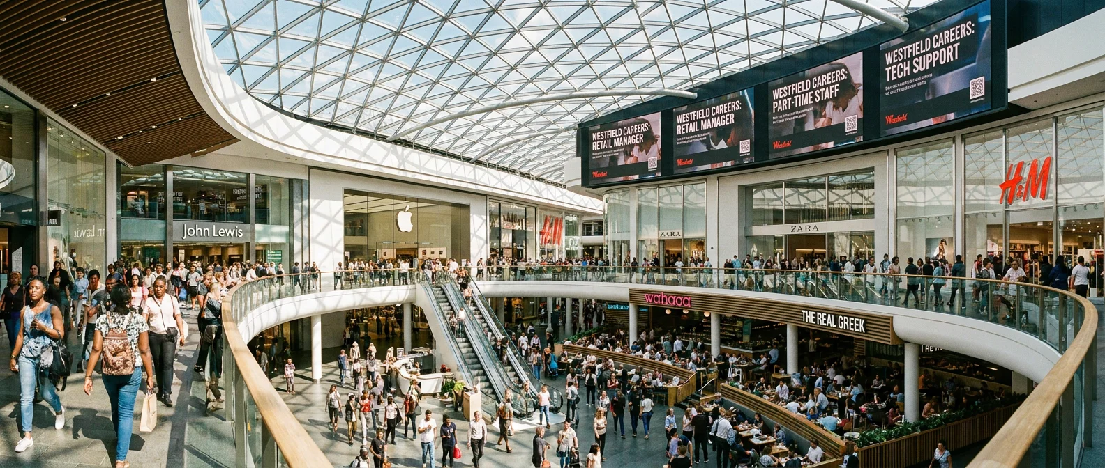 A vibrant wide-angle photograph of Westfield Stratford City's busy interior atrium on a sunny afternoon, with shoppers walking past retail stores, restaurant terraces, and digital job advertisement screens, modern architecture with glass ceilings, bright natural light flooding the space, professional yet lively atmosphere, high-resolution editorial style.
