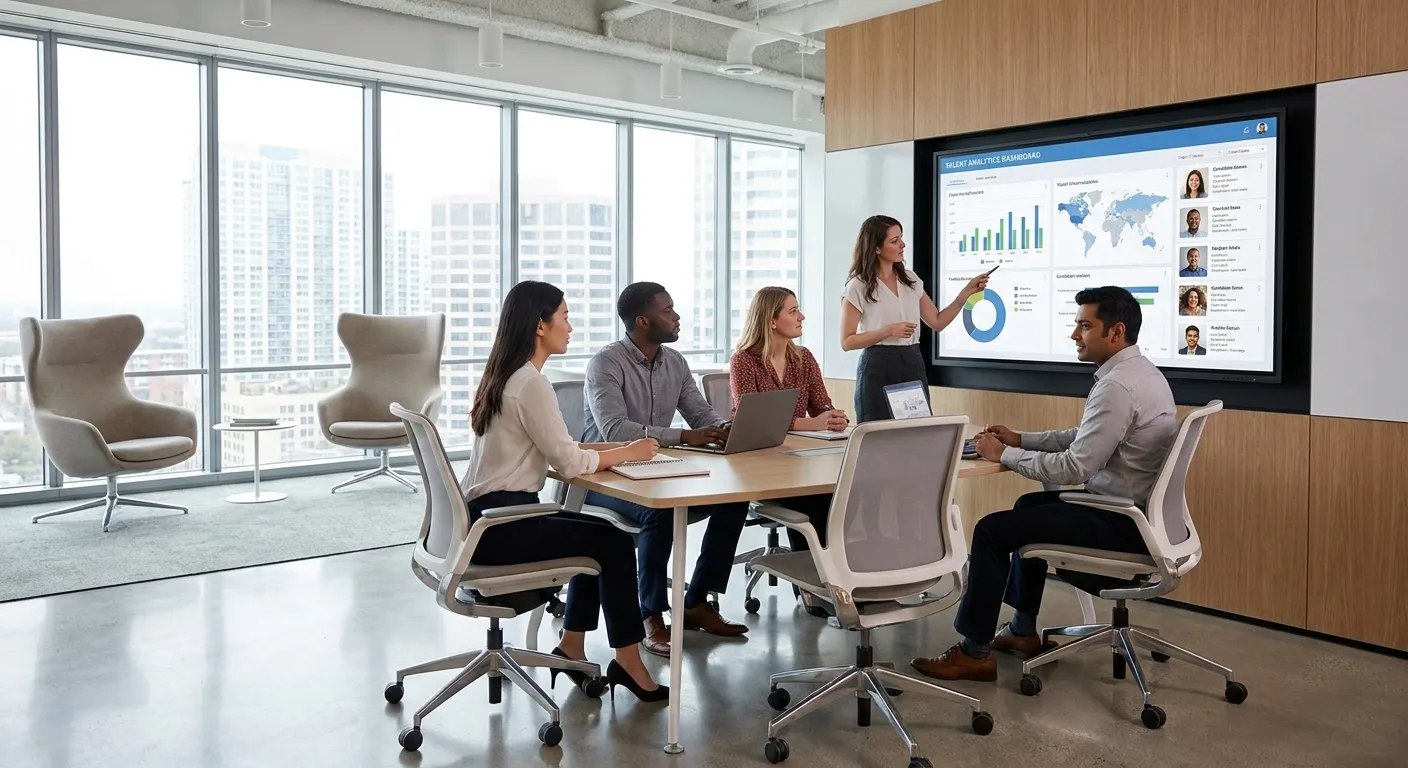 A modern, professional office scene showing a diverse recruitment team collaborating around a large... A modern, professional office scene showing a diverse recruitment team collaborating around a large digital screen displaying talent analytics dashboards and candidate profiles, with a bright, airy atmosphere and sleek corporate design elements, conveying efficiency and strategic hiring.
