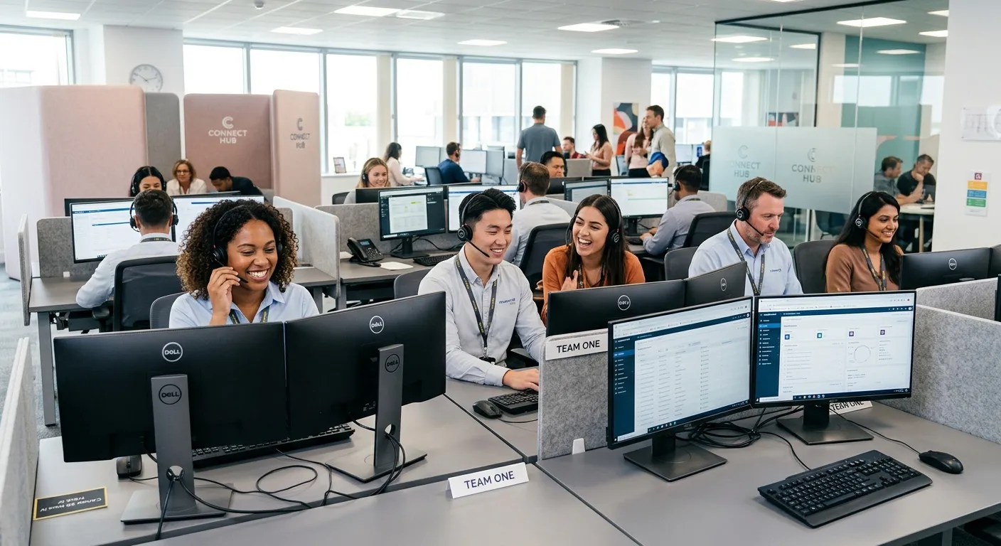 A professional, high-resolution photo of a diverse team of customer service agents in a modern, bright contact centre. They are smiling, wearing headsets, and working on multiple monitors. The mood is energetic, collaborative, and tech-savvy.