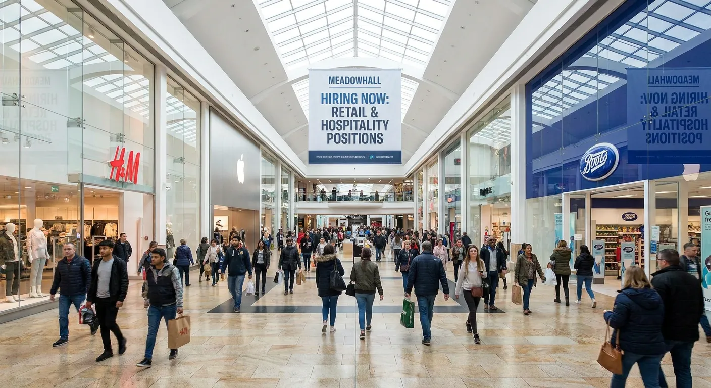 A busy interior of Meadowhall shopping centre in Sheffield, with shoppers walking past retail stores and a hiring banner visible, bright lighting, modern professional atmosphere