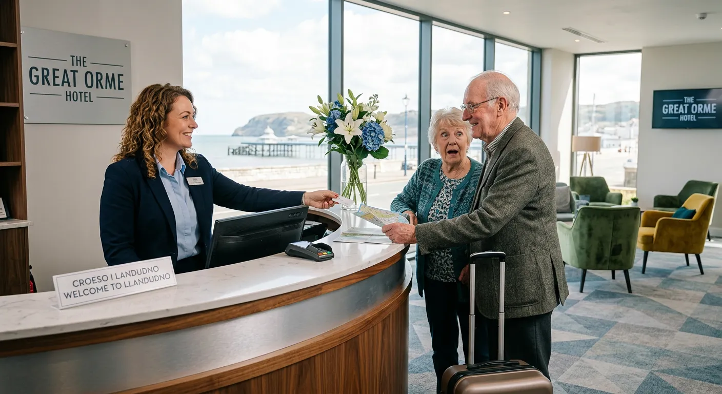 A professional, welcoming image of a modern reception desk in a Llandudno office or hotel lobby, fea... A professional, welcoming image of a modern reception desk in a Llandudno office or hotel lobby, featuring a friendly receptionist assisting a visitor. Bright, natural lighting, conveying efficiency and a positive first impression.