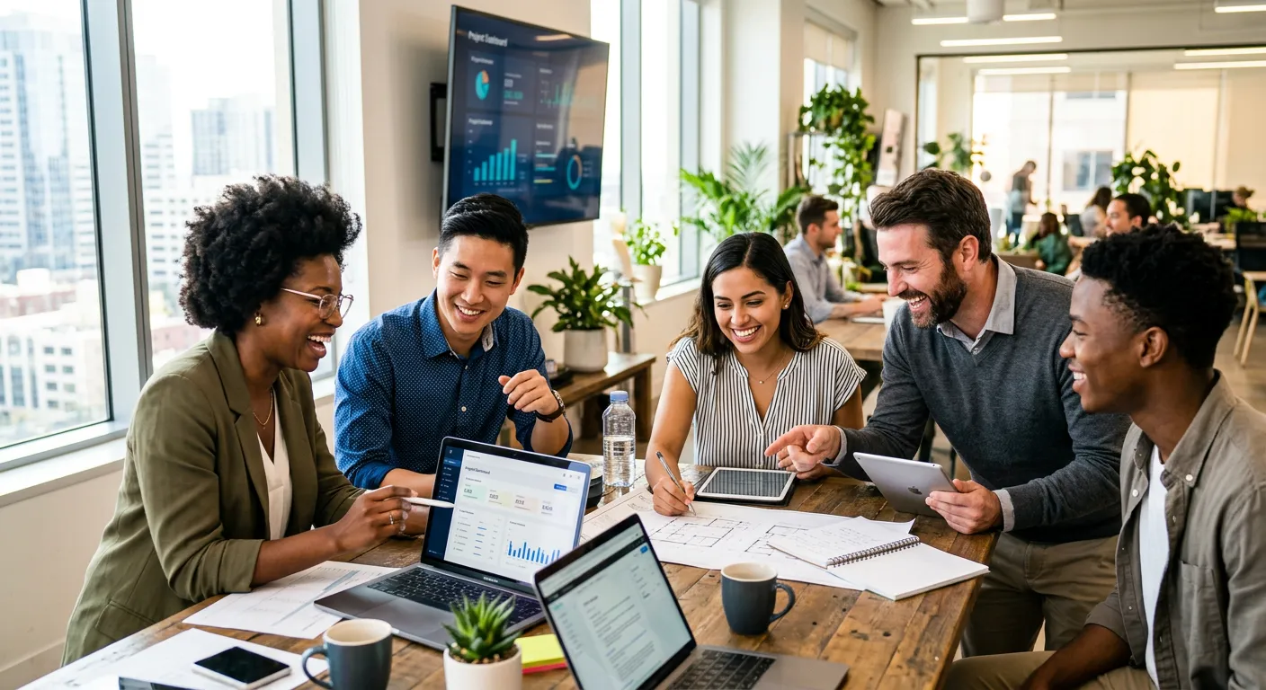 A modern, diverse group of professionals collaborating in a bright, sunlit office. Focus on teamwork, technology, and positive energy. Style: Professional stock photo, high contrast, vibrant colors.