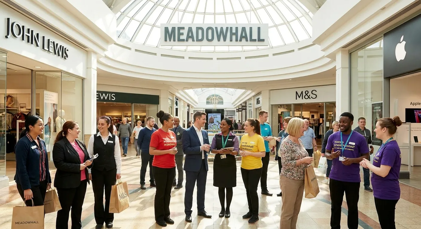 A diverse group of retail assistants helping customers in a bright, modern shopping centre environme... A diverse group of retail assistants helping customers in a bright, modern shopping centre environment at Meadowhall, with visible storefronts and busy shoppers, conveying a professional yet friendly atmosphere.