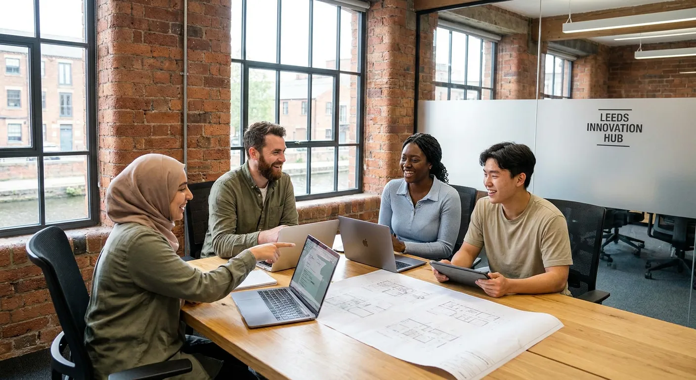 A dynamic, professional photo of a diverse group of workers smiling and collaborating in a modern Le... A dynamic, professional photo of a diverse group of workers smiling and collaborating in a modern Leeds office or light industrial setting, conveying opportunity and teamwork. Style: Authentic, bright, professional.
