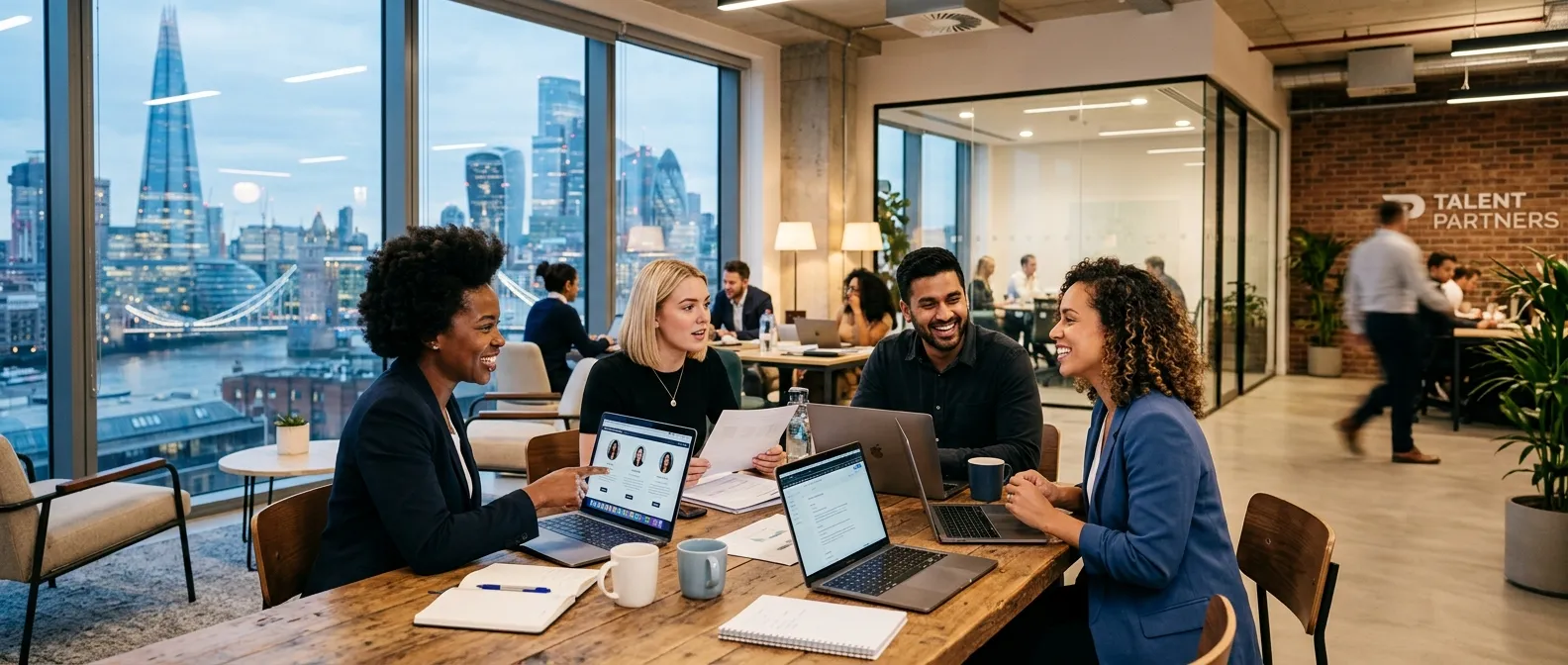 Professional, dynamic hero image showing a diverse team of recruitment consultants in a modern London office, collaborating over laptops and in a meeting. The image should convey energy, professionalism, and a London skyline view through the window.