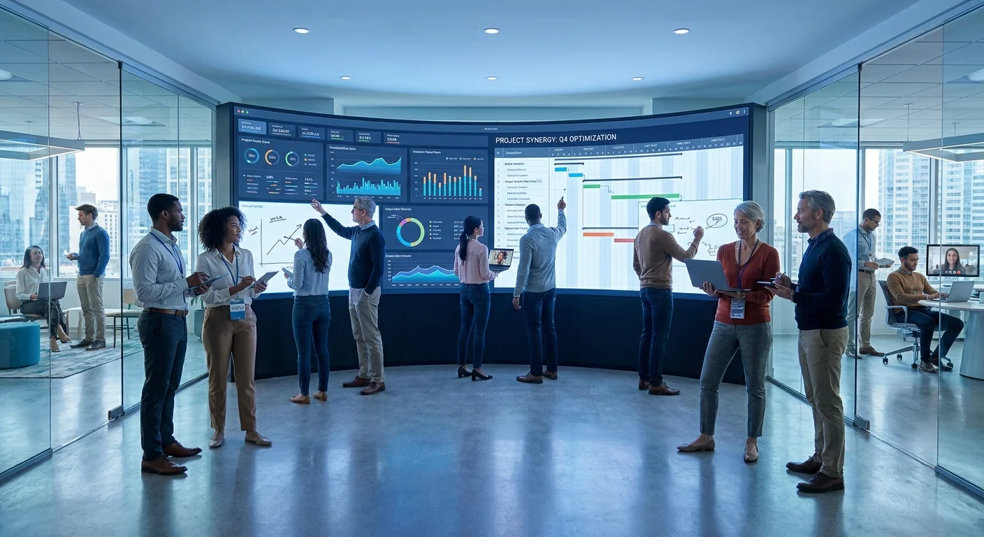 A modern, professional office scene showing a diverse team of professionals collaborating around a large digital screen displaying data analytics and project timelines. The image conveys flexibility, expertise, and seamless integration of external specialists with an in-house team. Bright, clean lighting with a slightly cool blue tone, polished corporate aesthetic.