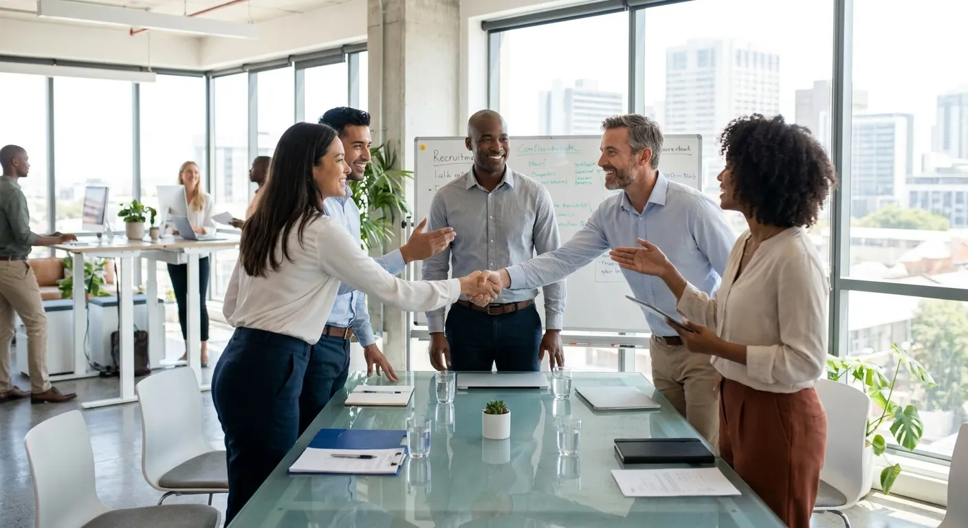 Professional, dynamic hero image showing a diverse group of Recruitment professionals in a modern office setting in , shaking hands and collaborating. Style: Bright, professional, aspirational. Mood: Energetic, successful, connected.