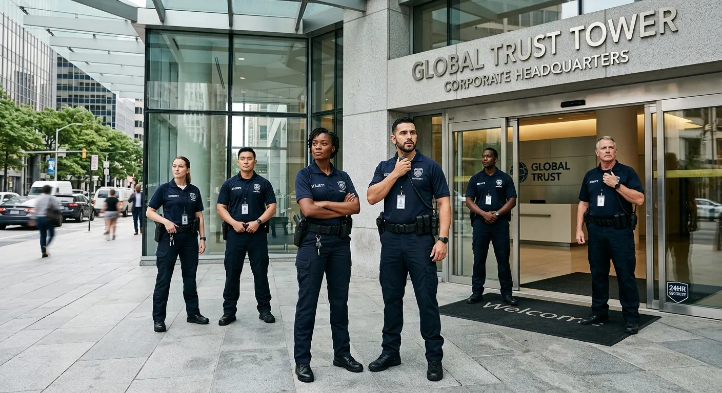 A professional, diverse team of private security officers in tactical uniforms, standing confidently... A professional, diverse team of private security officers in tactical uniforms, standing confidently at the entrance of a modern corporate building. Style is realistic, high-definition, with a focus on professionalism and readiness. Mood is authoritative, secure, and trustworthy.