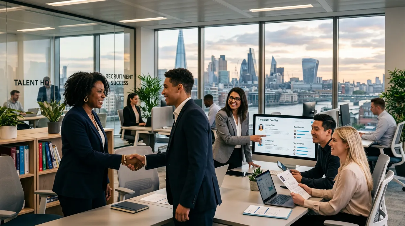 A professional, dynamic hero image showing a diverse team of recruitment consultants and HR professi... A professional, dynamic hero image showing a diverse team of recruitment consultants and HR professionals in a modern London office, shaking hands and reviewing candidate profiles on screens. Style: Corporate, energetic, London skyline in background.