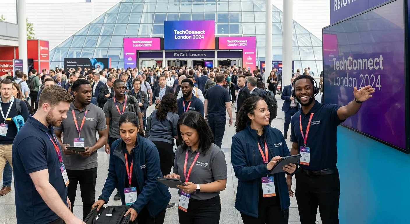 A dynamic, diverse team of event staff in action at a bustling London event venue, smiling and worki... A dynamic, diverse team of event staff in action at a bustling London event venue, smiling and working together. Professional, energetic mood.