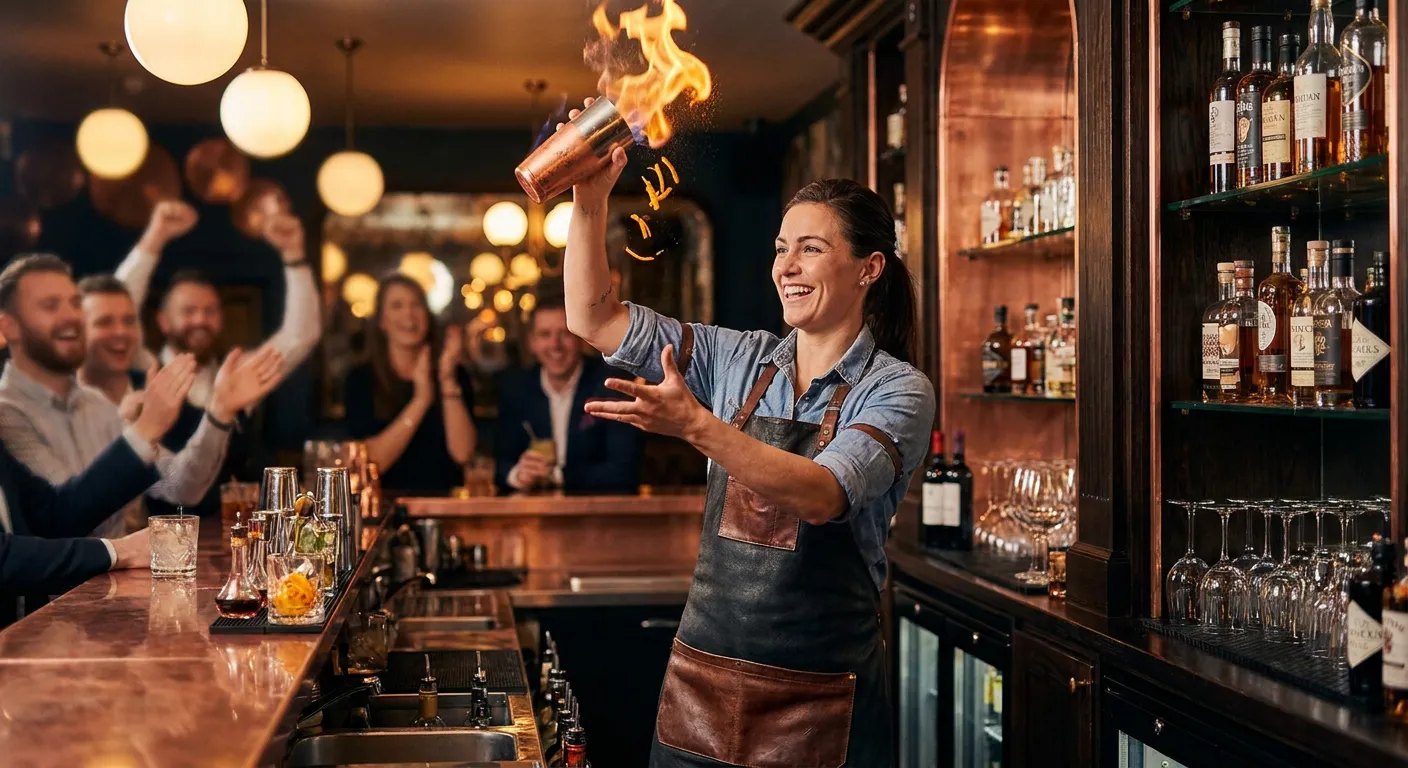 A dynamic, professional hero image featuring a skilled bartender in a busy, upscale cocktail bar, mi... A dynamic, professional hero image featuring a skilled bartender in a busy, upscale cocktail bar, mid-action, crafting a drink with flair. The mood is energetic, sophisticated, and welcoming. The bartender is smiling, with soft-focus lights and a blurred background of happy customers.