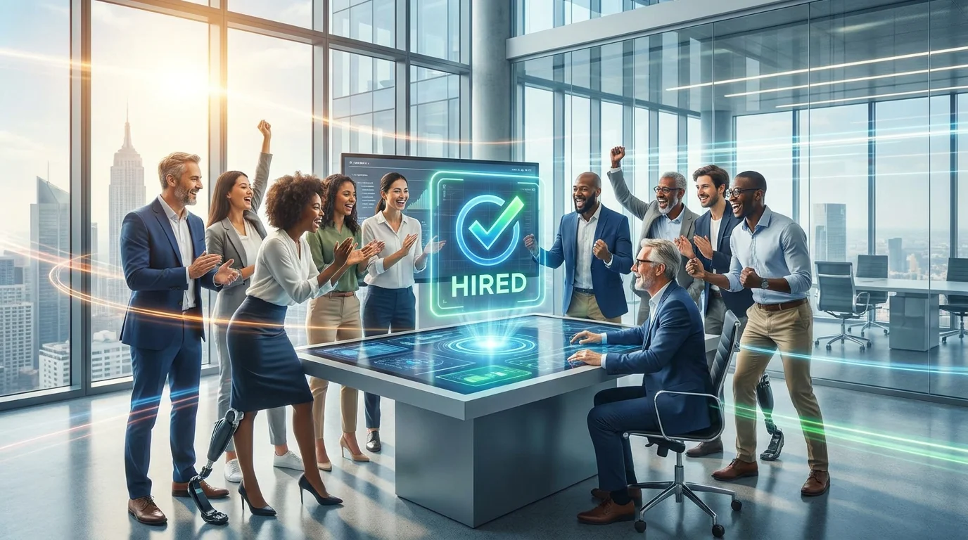 A dynamic, high-resolution hero image showing a diverse group of professionals collaborating in a bright, modern glass-walled office. A digital overlay features a glowing holographic interface with a checkmark and the text'HIRED'. The mood is optimistic, innovative, and high-tech.