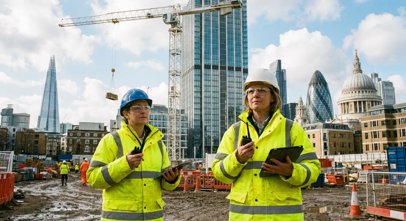 Professional crane supervisor overseeing construction site in London with iconic city skyline in background, daytime, confident worker in high-vis clothing, modern urban development scene