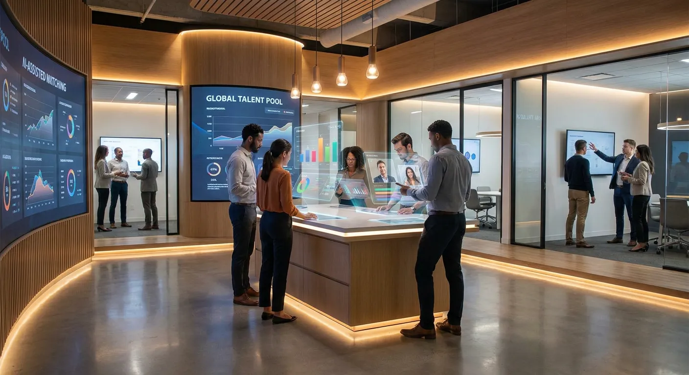 A modern, high-tech recruitment office in 2026 with diverse hiring managers reviewing holographic candidate profiles and AI-powered dashboards on large digital screens, warm professional lighting, sleek glass-walled meeting rooms, conveying innovation and human-centered technology in talent acquisition.