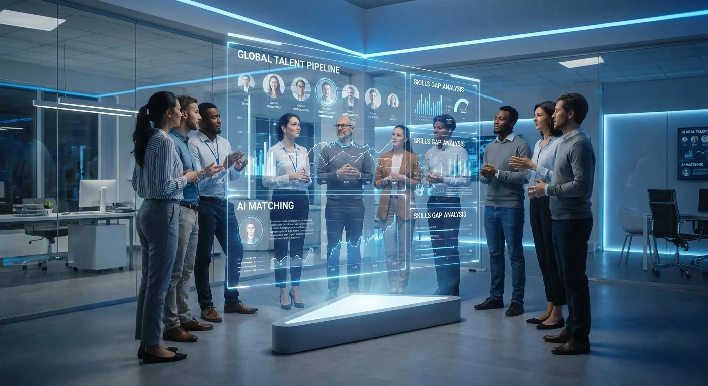 A modern, high-tech office environment with diverse professionals collaborating around a holographic... A modern, high-tech office environment with diverse professionals collaborating around a holographic recruitment dashboard. Soft blue and white tones dominate the scene, with glowing data visualizations floating in the air. The mood is forward-looking, innovative, and professional, symbolizing the future of talent acquisition and HR technology.