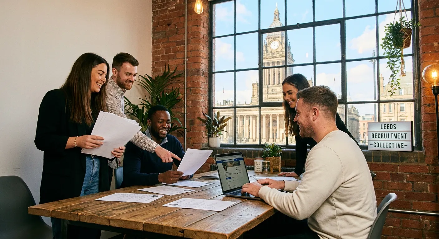 Professional, vibrant image of a diverse recruitment team in a modern Leeds office, reviewing CVs an... Professional, vibrant image of a diverse recruitment team in a modern Leeds office, reviewing CVs and smiling, with Leeds Town Hall visible through a window. Style: professional, welcoming, local.
