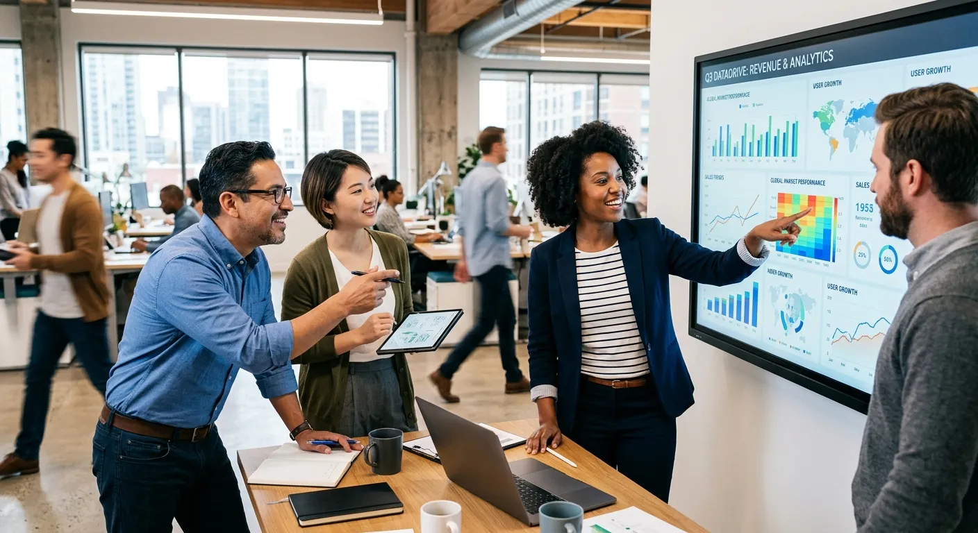 A dynamic, high-energy photo showing a diverse group of professionals collaborating in a modern offi... A dynamic, high-energy photo showing a diverse group of professionals collaborating in a modern office environment, with one person pointing to a data dashboard on a screen. Style: Professional, vibrant, and forward-looking.