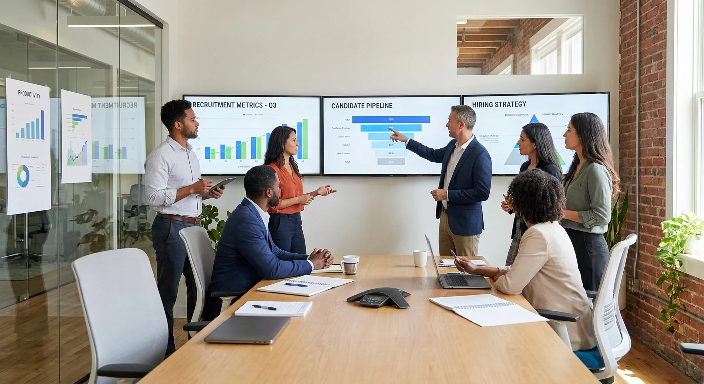 A professional business team discussing hiring strategies in a modern office, with digital screens s... A professional business team discussing hiring strategies in a modern office, with digital screens showing recruitment metrics, conveying collaboration and efficiency
