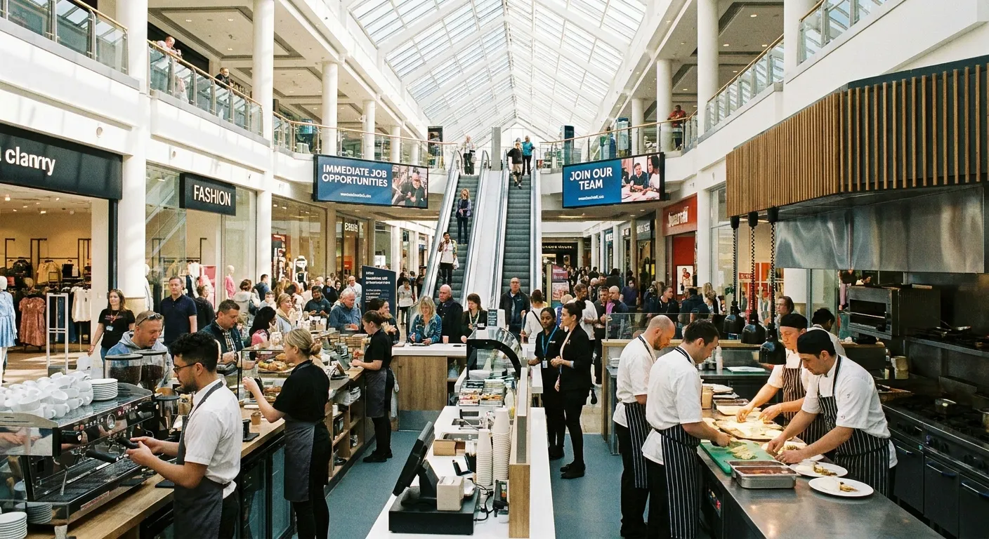 A dynamic, bright photograph of busy Meadowhall shopping centre concourse featuring retail and hospi... A dynamic, bright photograph of busy Meadowhall shopping centre concourse featuring retail and hospitality staff at work, with natural light and a sense of energy, conveying immediate job opportunities and a professional atmosphere.