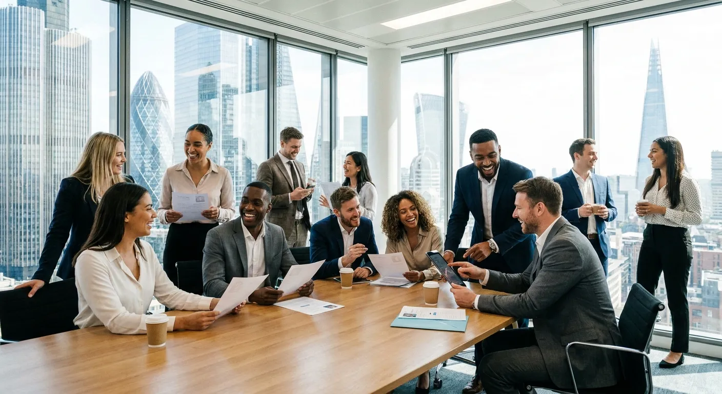 Professional, energetic photo of diverse recruitment consultants in a modern London office, reviewin... Professional, energetic photo of diverse recruitment consultants in a modern London office, reviewing CVs and discussing candidate profiles with clients. Style: Bright, confident, corporate.