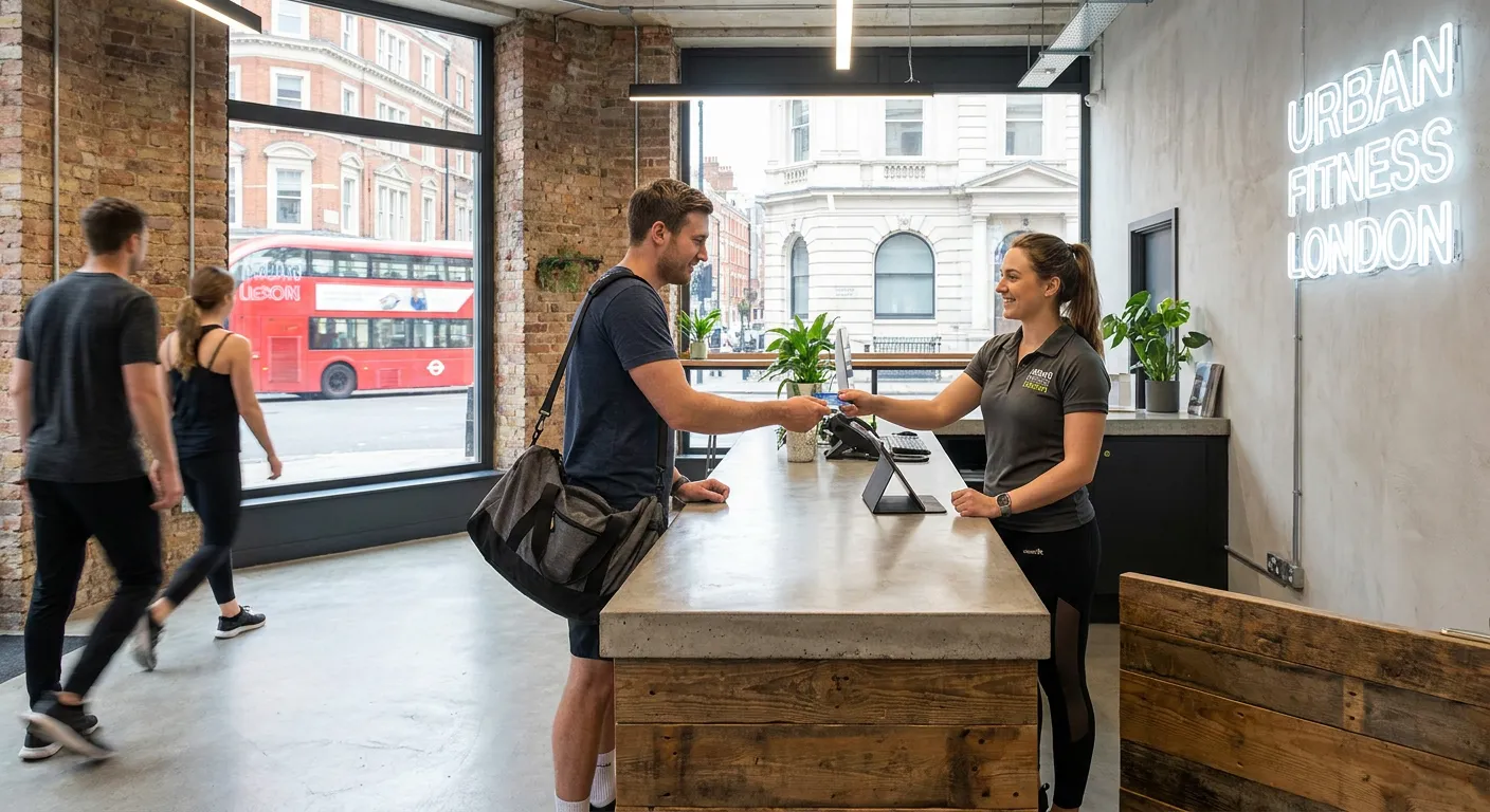 Professional, welcoming image of a modern gym reception area in London, with a friendly receptionist... Professional, welcoming image of a modern gym reception area in London, with a friendly receptionist in activewear assisting a member. Bright, clean, and energetic atmosphere.