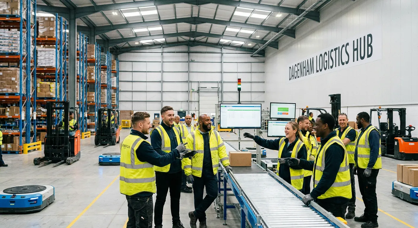 A dynamic, professional photo of a diverse group of warehouse operatives in high-vis vests collabora... A dynamic, professional photo of a diverse group of warehouse operatives in high-vis vests collaborating in a modern, well-organised Dagenham logistics warehouse, smiling and engaged. The mood is energetic, efficient, and trustworthy.