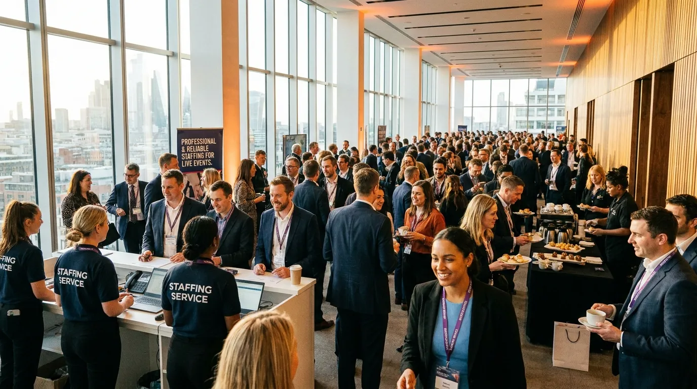 A dynamic, wide-angle photograph of a bustling corporate event in a modern UK city venue. Smartly dr... A dynamic, wide-angle photograph of a bustling corporate event in a modern UK city venue. Smartly dressed event staff in branded uniforms are greeting guests, managing registration desks, and serving refreshments. The atmosphere is professional yet warm. Soft, natural lighting from floor-to-ceiling windows mixed with elegant venue lighting. The image conveys reliability, professionalism, and the energy of live events. Staffing Service branding is subtly visible on staff lanyards.
