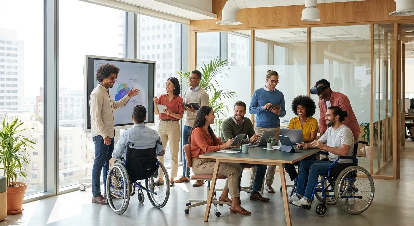 A modern, diverse team of professionals collaborating in a bright, sunlit office. Style is professio... A modern, diverse team of professionals collaborating in a bright, sunlit office. Style is professional, aspirational, and focused on human connection and technology. Mood is energetic, innovative, and successful.