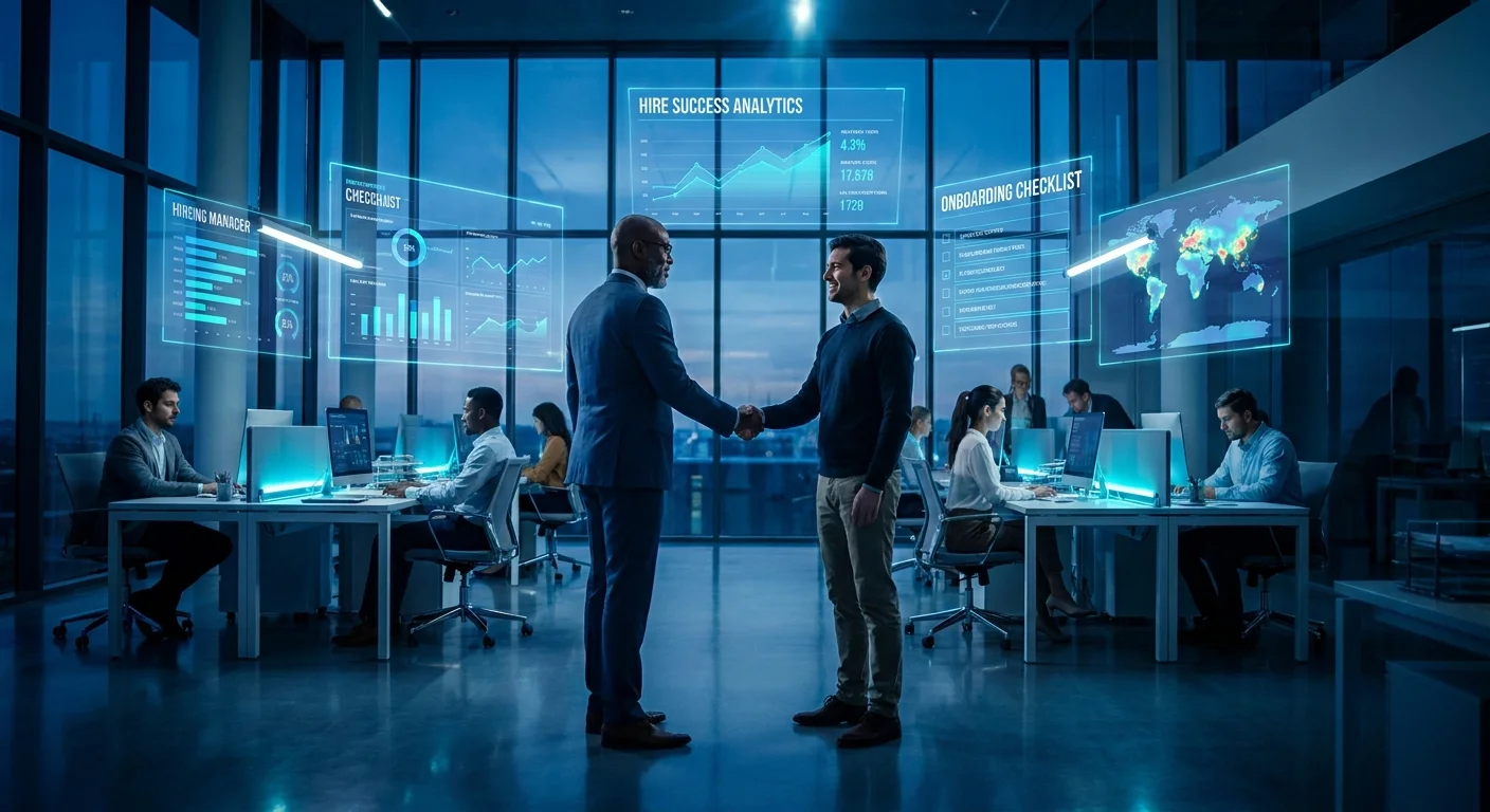 A high-contrast, cinematic wide shot of a diverse, modern office environment where a hiring manager... A high-contrast, cinematic wide shot of a diverse, modern office environment where a hiring manager and a happy candidate shake hands, with holographic data screens floating around them showing analytics, checklists, and global maps. Style: Hyper-realistic, corporate tech aesthetic, deep blue and bright cyan accents, strong lighting, highly professional.