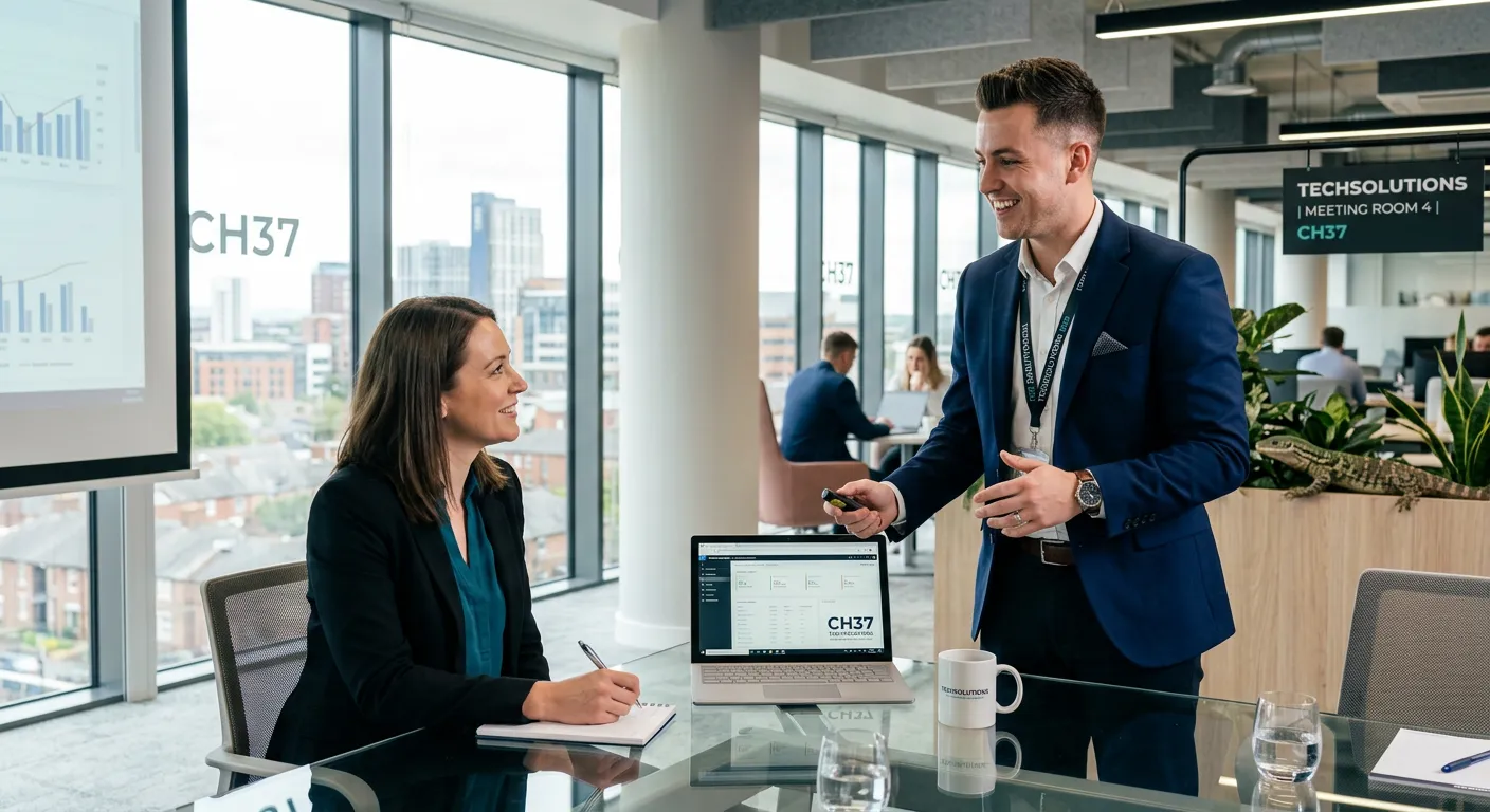 A professional, confident-looking IT salesperson in a modern office environment in the CH37 area, sm... A professional, confident-looking IT salesperson in a modern office environment in the CH37 area, smiling and speaking with a client, representing successful B2B technology sales.