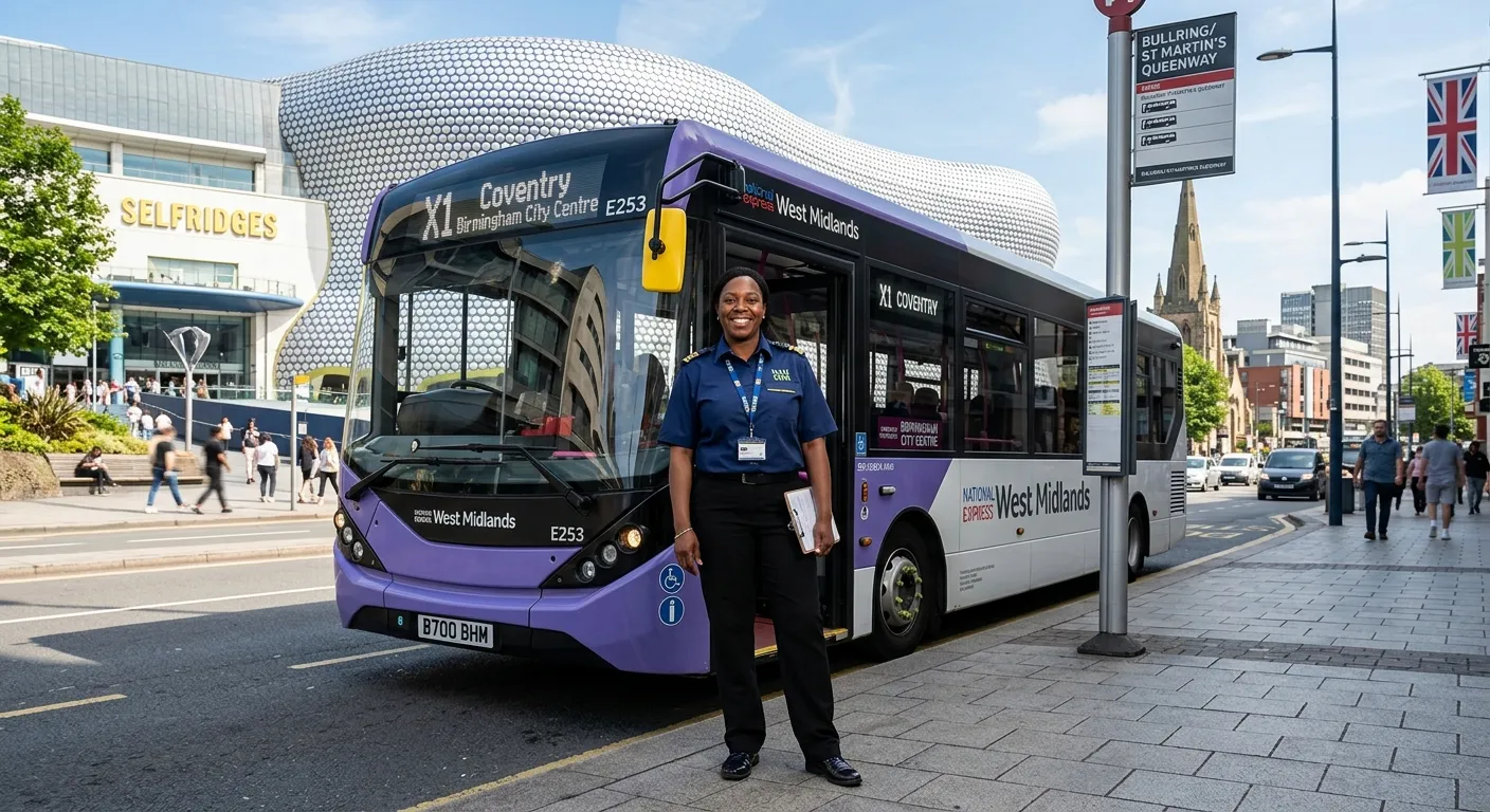 A professional, confident Bus Driver in a clean uniform, smiling and standing next to a modern singl... A professional, confident Bus Driver in a clean uniform, smiling and standing next to a modern single-decker bus on a sunny day in central Birmingham, with the distinctive Bullring shopping centre in the background. Style: Authentic, high-quality, professional, welcoming.