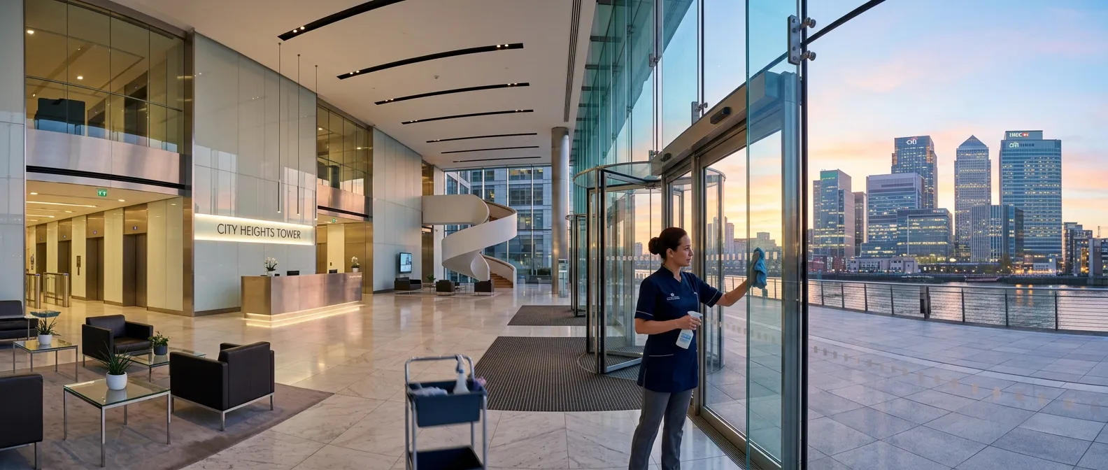 A wide, professional hero shot of a modern, spotless office lobby in a Canary Wharf skyscraper at su... A wide, professional hero shot of a modern, spotless office lobby in a Canary Wharf skyscraper at sunrise. A cleaning professional in a crisp uniform is subtly visible, polishing a glass surface. The mood is pristine, efficient, and high-end.