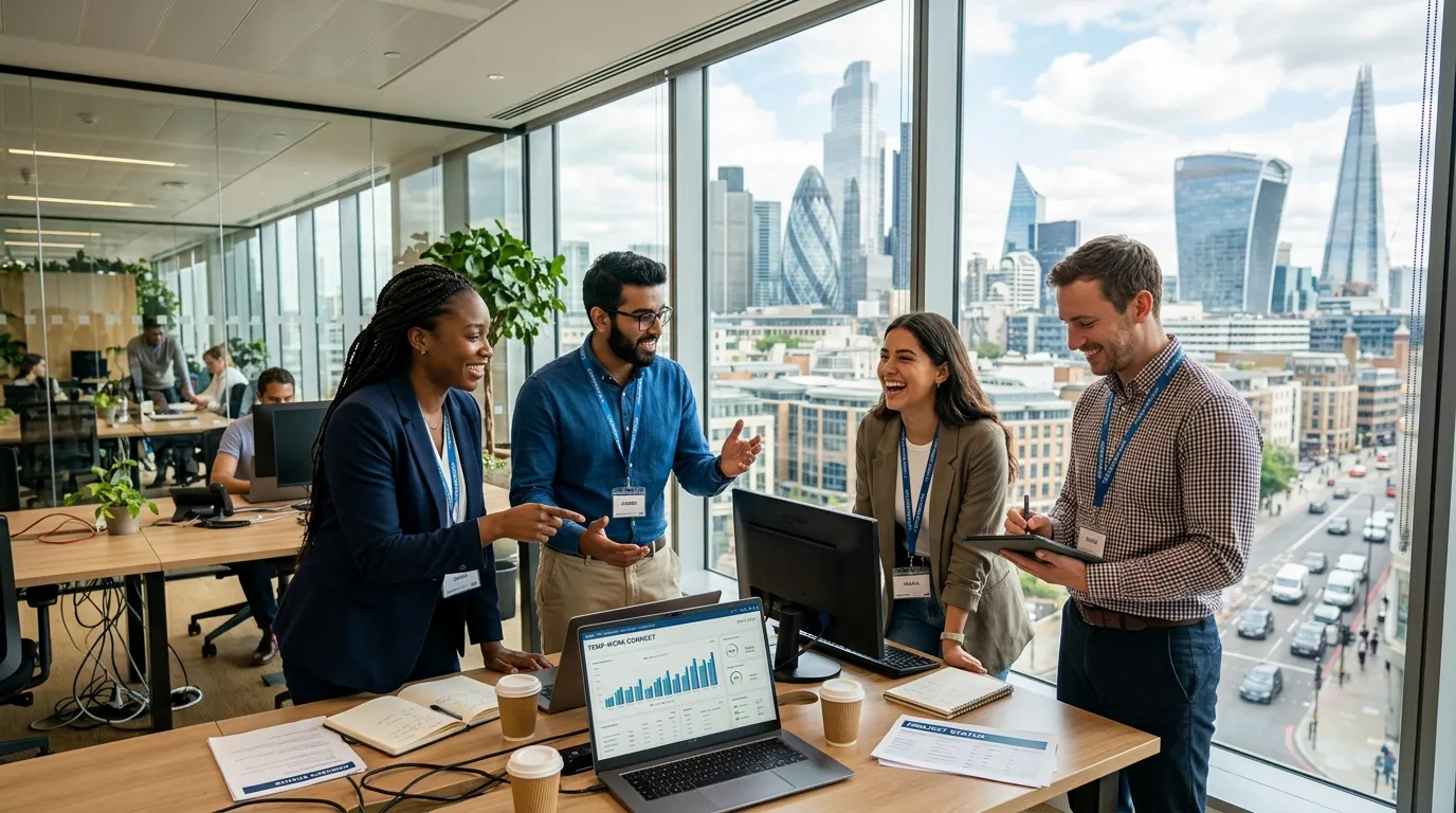 A dynamic, professional hero image showing diverse temporary workers in a modern London office setting, with the iconic London skyline visible through a window. Style: High-resolution, vibrant, and energetic. Mood: Professional, efficient, and connected.