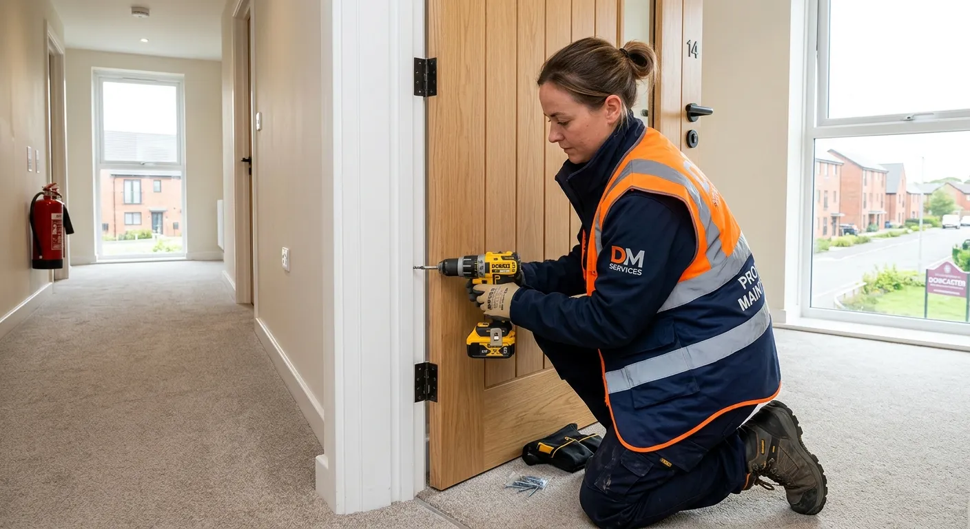 Professional, high-energy photo of a skilled Property Maintenance Operative in action, wearing a hi-... Professional, high-energy photo of a skilled Property Maintenance Operative in action, wearing a hi-vis vest and safety boots, using a cordless drill to fix a door frame in a modern residential building in Doncaster. Bright, clean, and trustworthy mood.