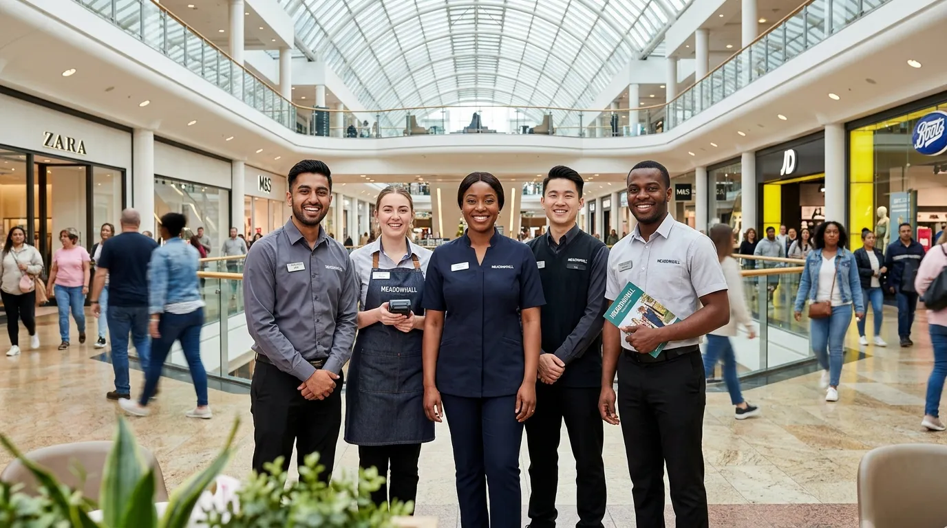 A dynamic, professional hero image showing a diverse group of smiling retail and hospitality staff in modern uniforms at the Meadowhall shopping centre, with shoppers in the background. Bright, inviting atmosphere.