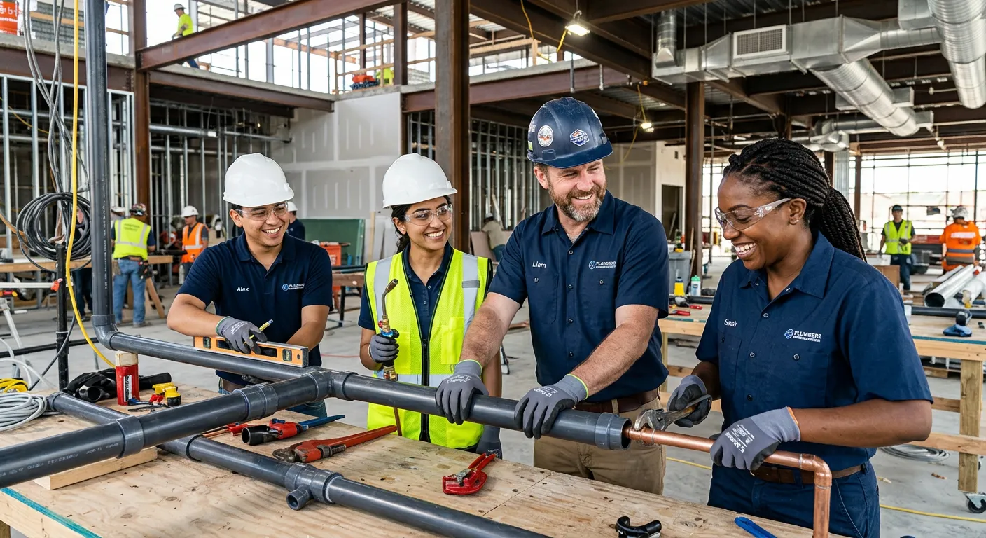 A diverse group of professional plumbing assistants and plumbers on a modern construction site, smil... A diverse group of professional plumbing assistants and plumbers on a modern construction site, smiling and collaborating on installing pipes. Bright, professional, and energetic mood.