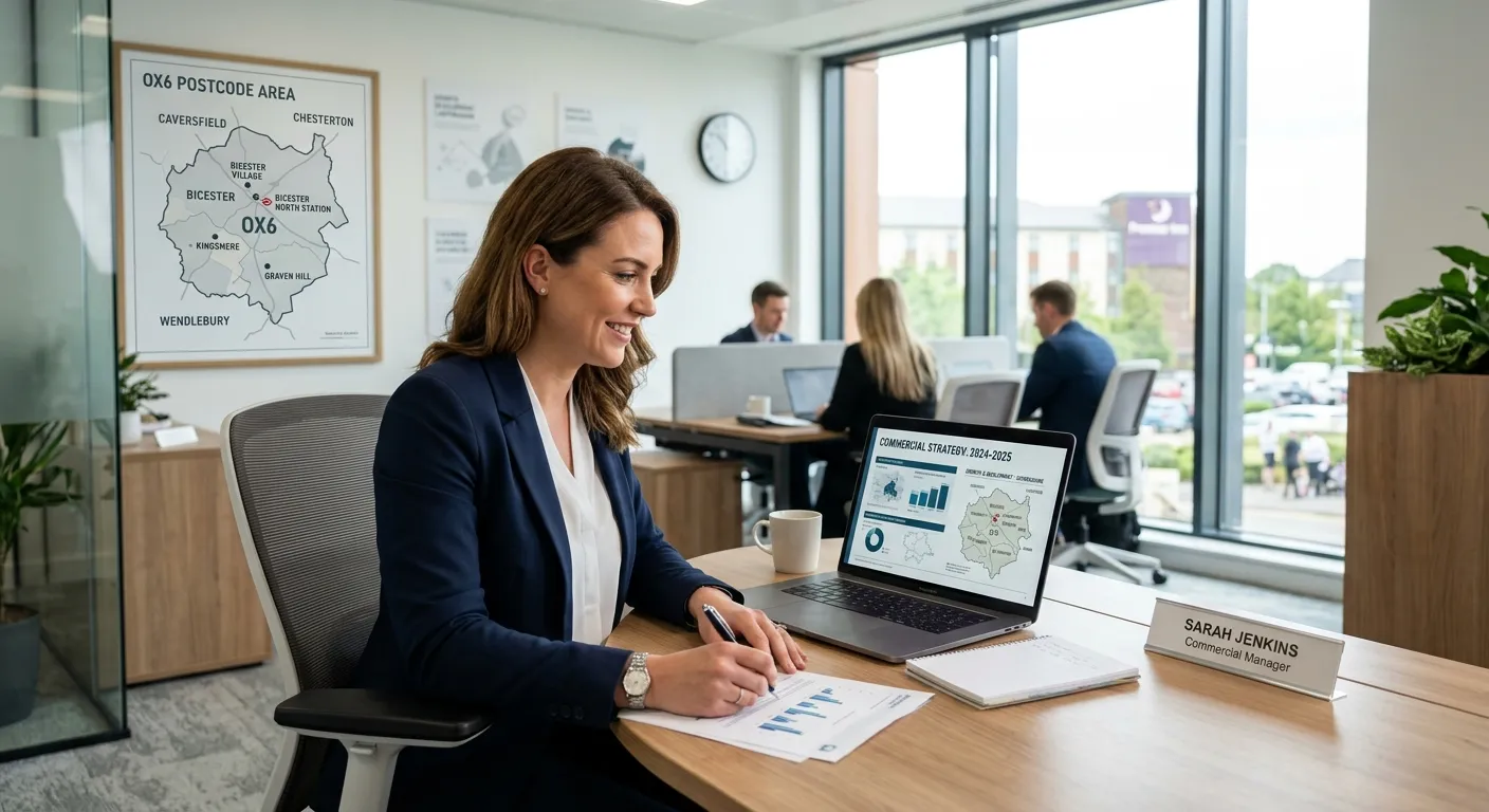 A professional, confident-looking Commercial Manager in a modern office setting in Oxfordshire, revi... A professional, confident-looking Commercial Manager in a modern office setting in Oxfordshire, reviewing a business strategy document on a laptop, with a map of the OX6 postcode area subtly in the background. Style: Professional corporate photography, bright and aspirational.