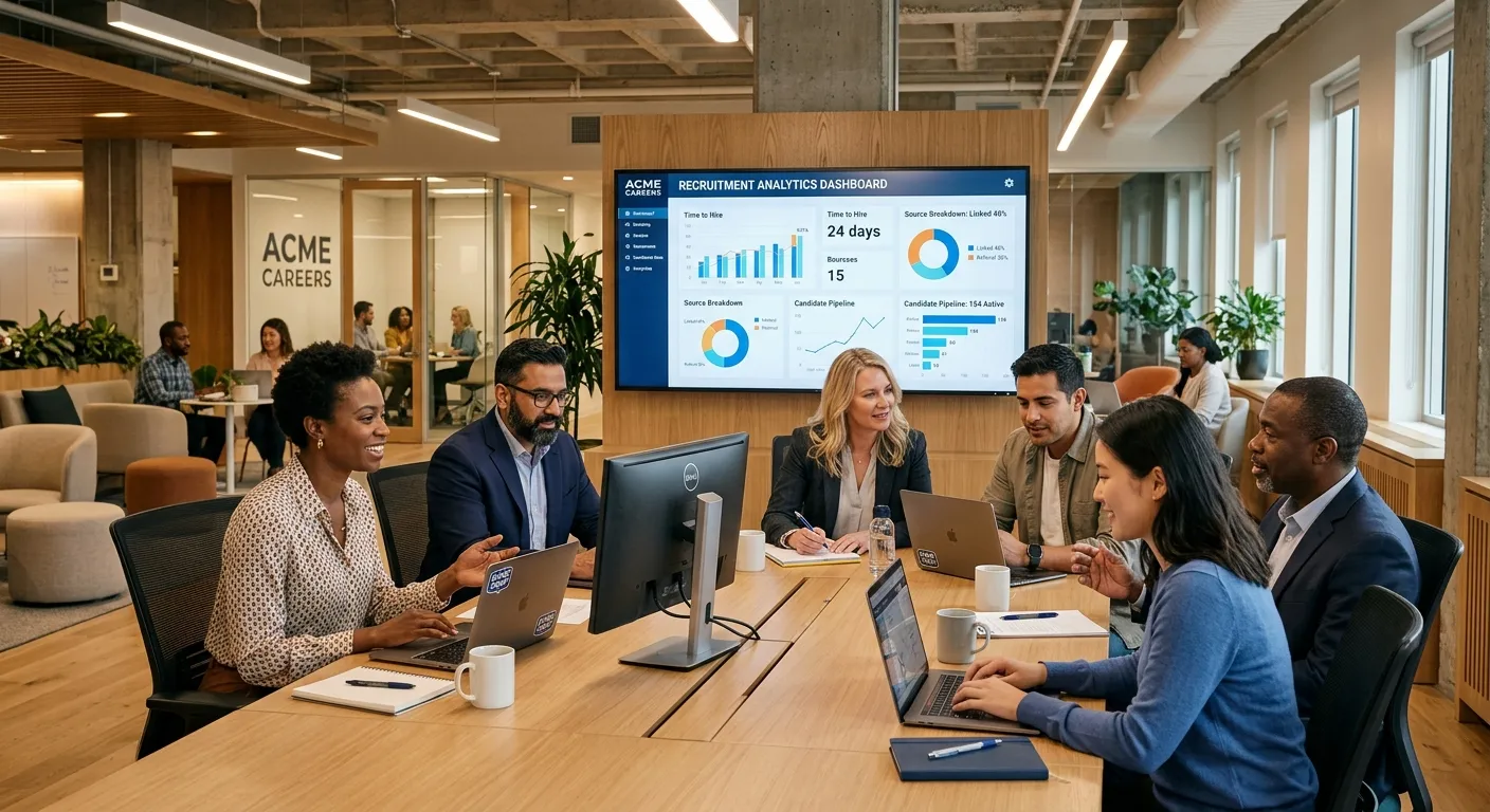 A diverse, modern office environment where HR professionals and hiring managers collaborate around a... A diverse, modern office environment where HR professionals and hiring managers collaborate around a sleek table with laptops and digital recruitment analytics dashboards displayed on screens. The mood is professional, forward-thinking, and collaborative with warm ambient lighting and clean contemporary design.